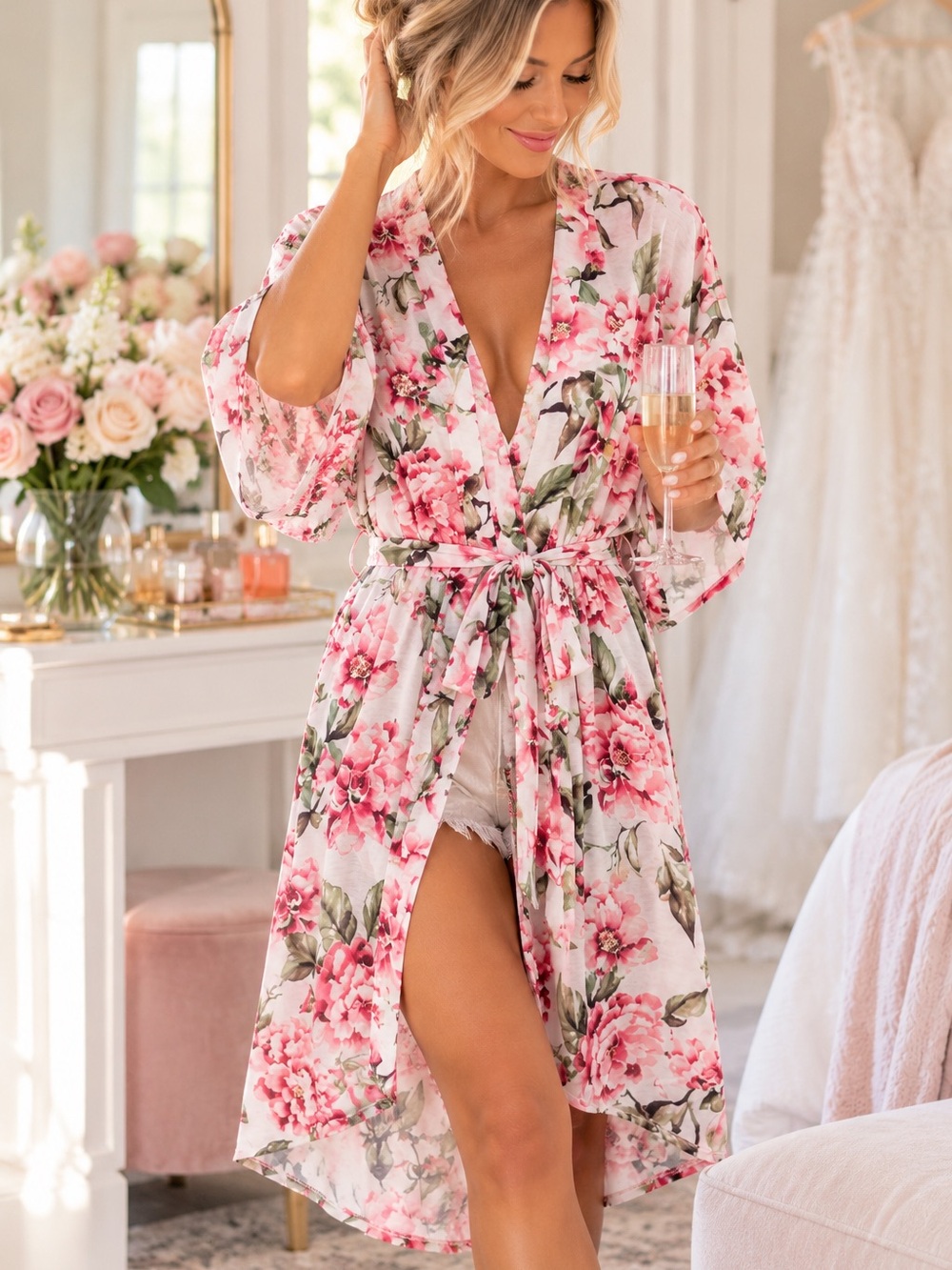 Show Me Your Mumu O/S Pink Floral Belted Kimono Robe Duster Boho Cottagecore